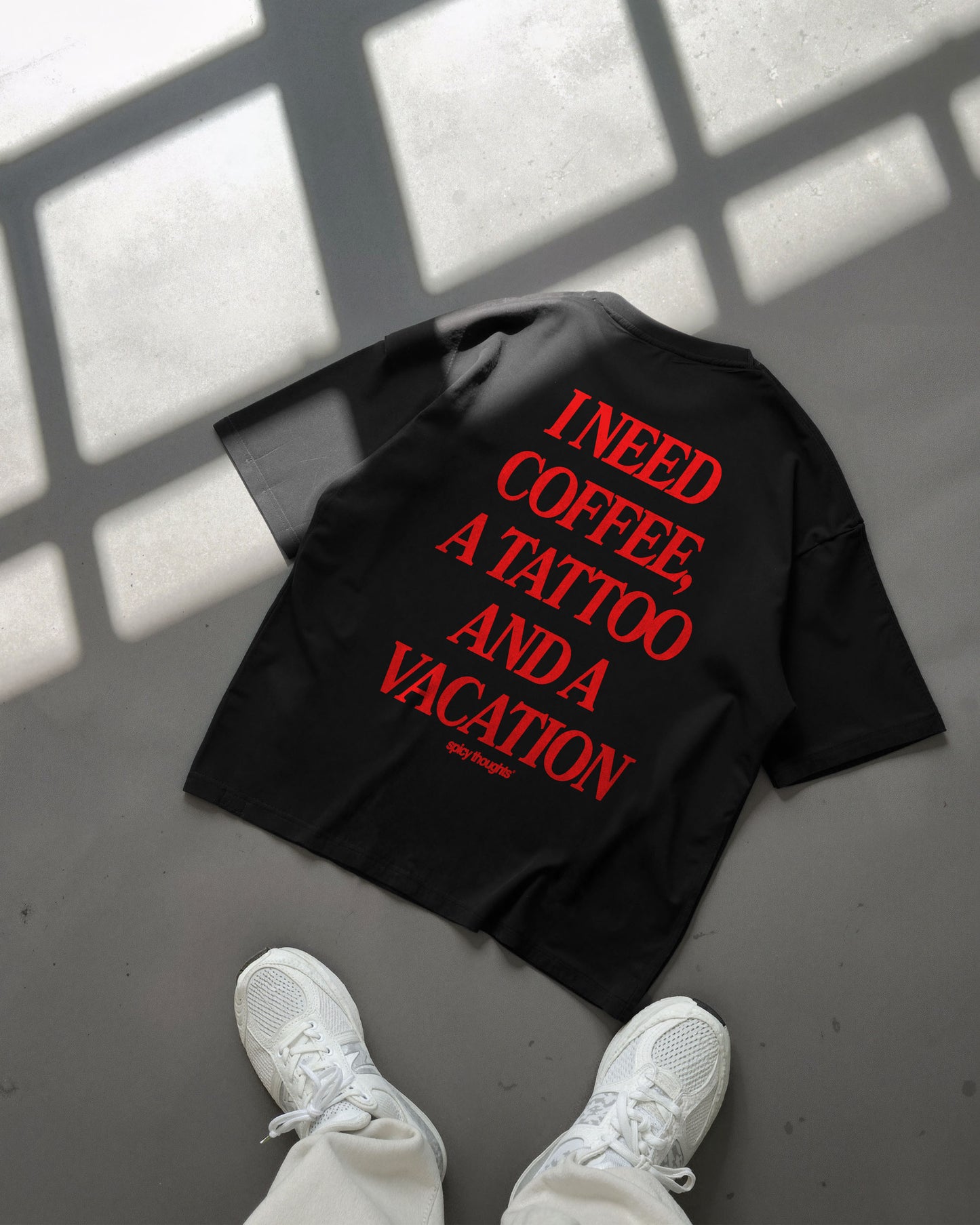 Heavy Oversized Tee - I Need Coffee, a Tattoo and a Vacation