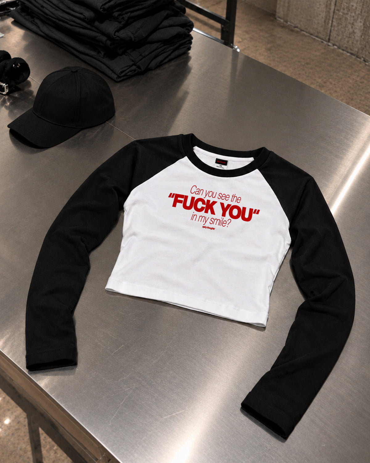 Cropped Raglan Longsleeve Tee - Can you see the “Fuck You” in my smile