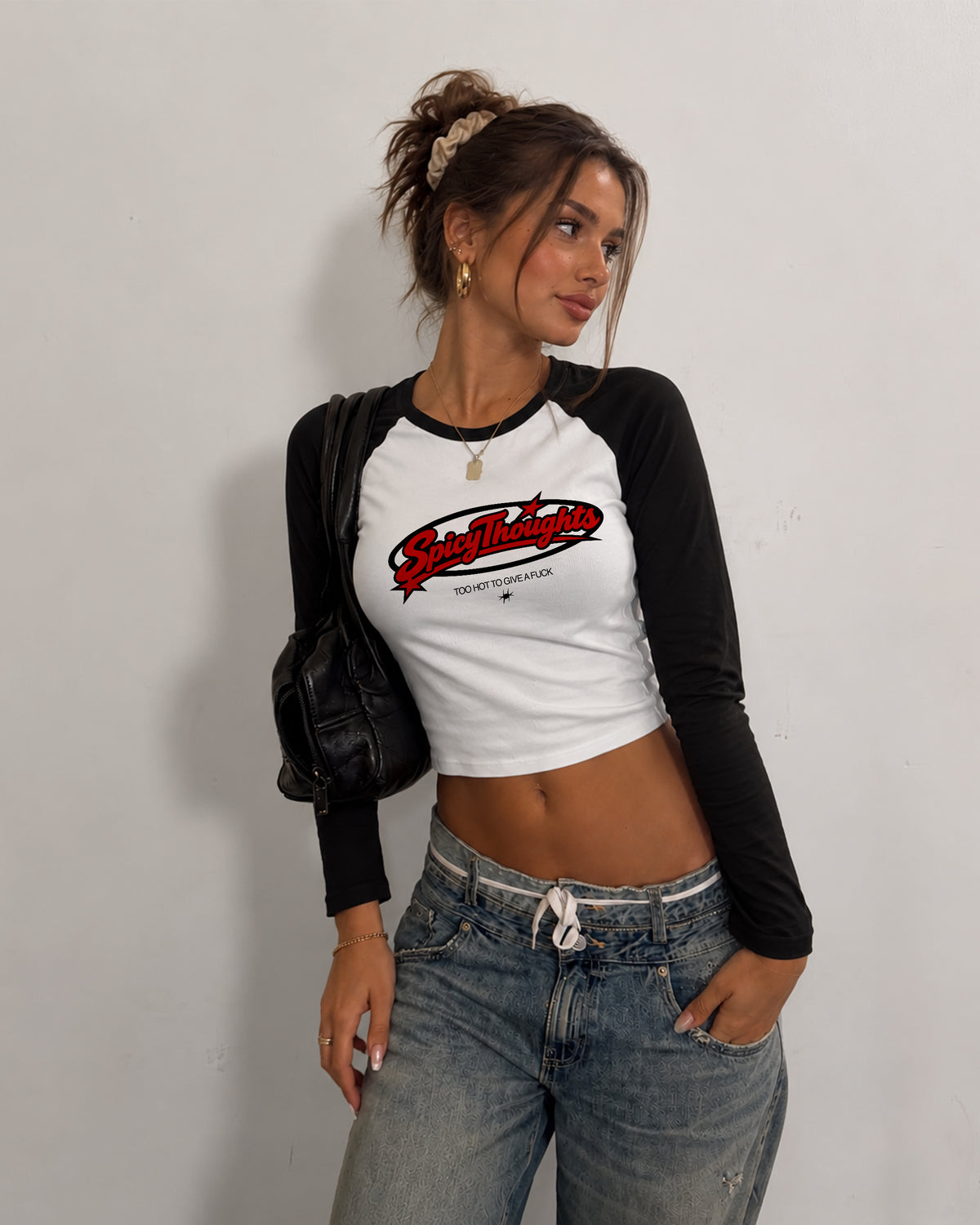 Cropped Raglan Longsleeve Tee - Too hot to give a fuck